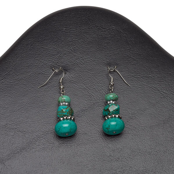 Earring, magnesite (dyed / stabilized) / silver-coated plastic / imitation rhodium-plated steel / brass, blue, 2-1/4 inches with rondelle. Sold per pair. image number 0