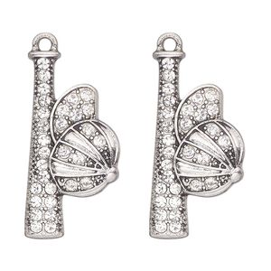 Focal, antique silver-finished "pewter" (zinc-based alloy) and glass, clear, 31x15mm single-sided baseball bat and cap. Sold per pkg of 2.