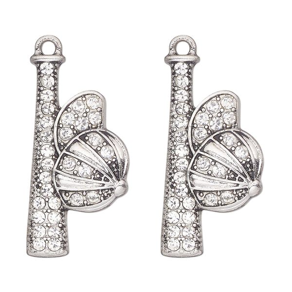 Focal, antique silver-finished "pewter" (zinc-based alloy) and glass, clear, 31x15mm single-sided baseball bat and cap. Sold per pkg of 2. image number 0