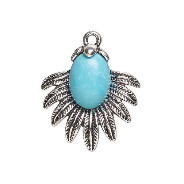 Focal, antique silver-finished "pewter" (zinc-based alloy) and "turquoise" (resin) (imitation), turquoise blue, 26x24mm single-sided fan. Sold per pkg of 2. image number 0
