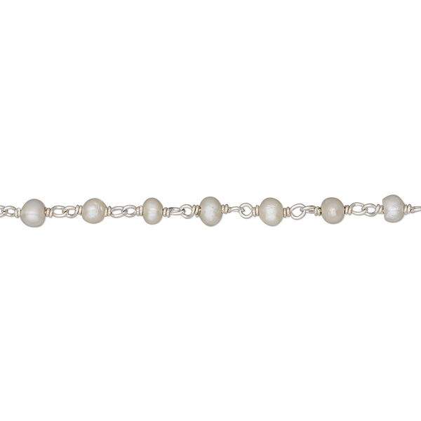 Chain, sterling silver and cultured freshwater pearl (bleached), white, 2.5mm-3mm semi-round. Sold per pkg of 1 foot. image number 0