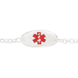 Bracelet, medical alert ID, enamel and sterling silver, red, 13.5mm wide with 28x13.5mm oval and caduceus, 6-1/2 inches with lobster claw clasp. Sold individually.