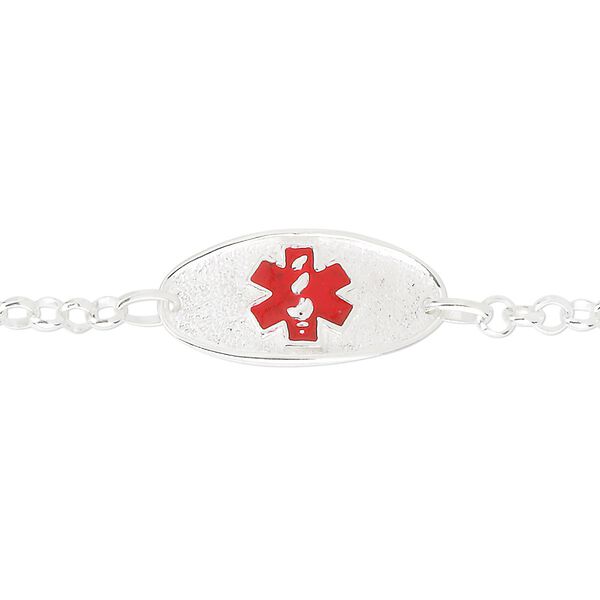 Bracelet, medical alert ID, enamel and sterling silver, red, 13.5mm wide with 28x13.5mm oval and caduceus, 6-1/2 inches with lobster claw clasp. Sold individually. image number 0