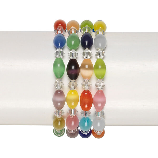 Bracelet, stretch, cat's eye glass (fiber optic glass), multicolored, 6mm bicone and 12x8mm oval, 6 inches. Sold per pkg of 4. image number 0