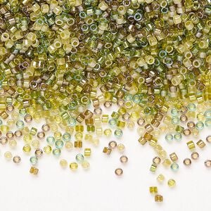 Seed bead mix, Miyuki Delica®, glass, pkg/7.5g, #11 round, translucent inside dyed color luster beige/chartreuse mix.