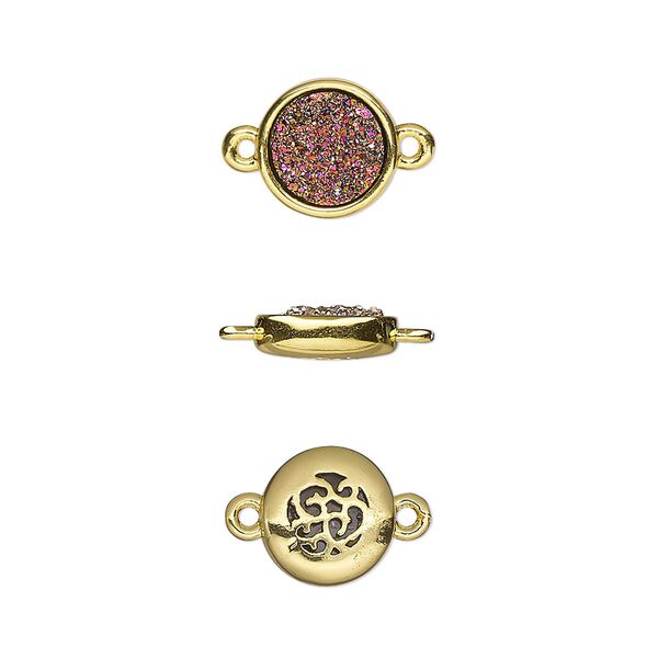 Link, Druzylite™, "druzy" (resin) and gold-finished brass, metallic purple, 9.5mm two-sided round with open filigree back. Sold per pkg of 4. image number 0