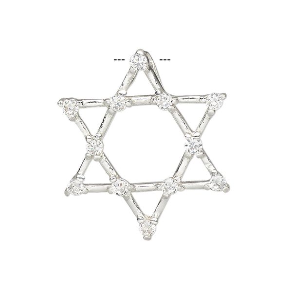 Pendant, sterling silver and cubic zirconia, clear, 29mm single-sided open Star of David with hidden bail. Sold individually. image number 0