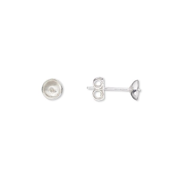Earstud, sterling silver, 5mm cup with peg, fits 5-7mm half-drilled bead. Sold per pkg of 2 pairs. image number 0