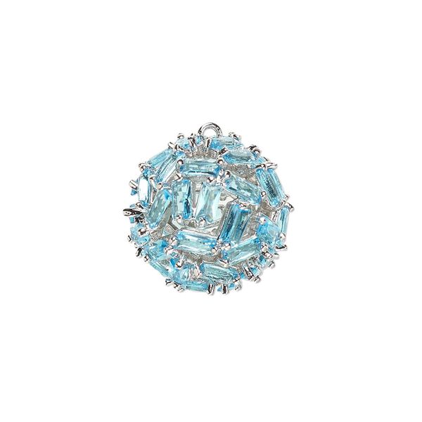 Drop, cubic zirconia and silver-plated brass, aqua blue, 17.5mm hollow ball. Sold individually. image number 0