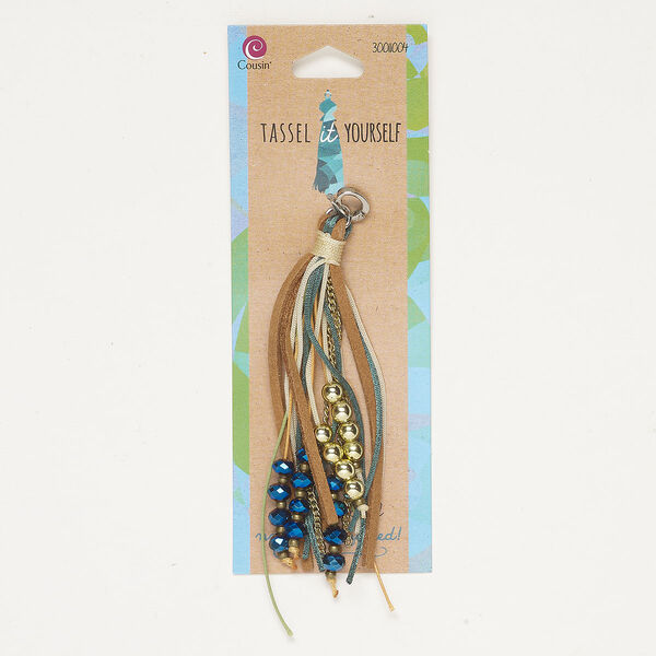 Tassel 1pkg1, gold- and silver-finished brass and steel / glass / suede leather / satin, mixed colors, 4 inches with hinged bail / faceted rondelle / curb chain. image number 0