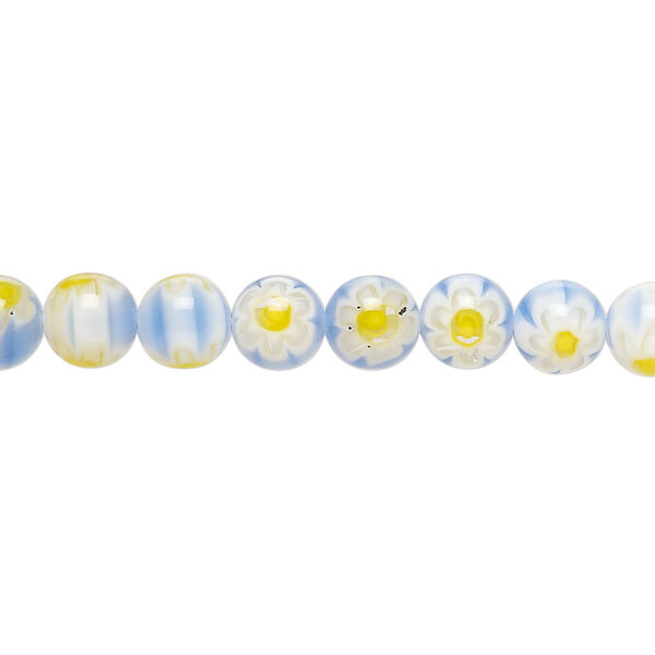 Bead, millefiori glass 1pkg1, translucent blue / white / yellow, 6mm round, 15 inches. image number 0