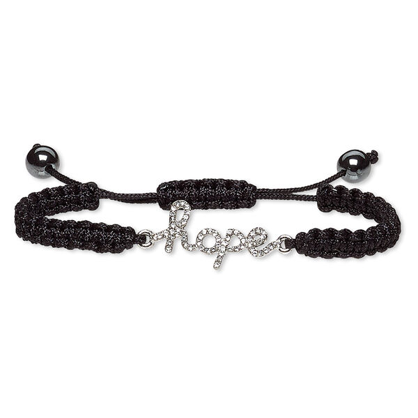 Bracelet, Hemalyke™ (man-made) / waxed cotton cord / glass rhinestone / silver-plated "pewter" (zinc-based alloy), black and clear, 28x15.5mm "hope," adjustable from 7-9 inches with macramé knot closure. Sold individually. image number 0