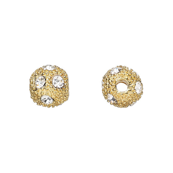 Bead, glass rhinestone and gold-plated "pewter" (zinc-based alloy), clear, 10mm round. Sold per pkg of 2. image number 0