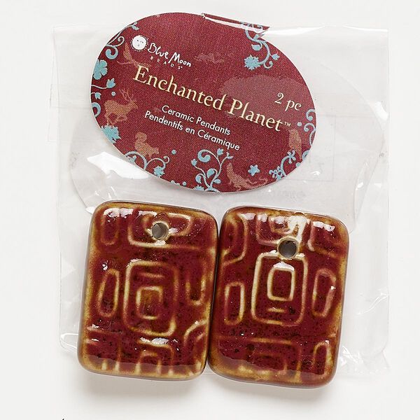 Focal, porcelain, red, 34x25mm textured rectangle. Pkg/2. image number 0