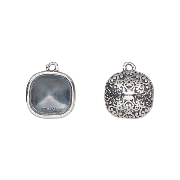 Drop, Almost Instant Jewelry®, antiqued sterling silver, 12mm rounded square with 10mm cushion setting and filigree back design. Sold individually. image number 0