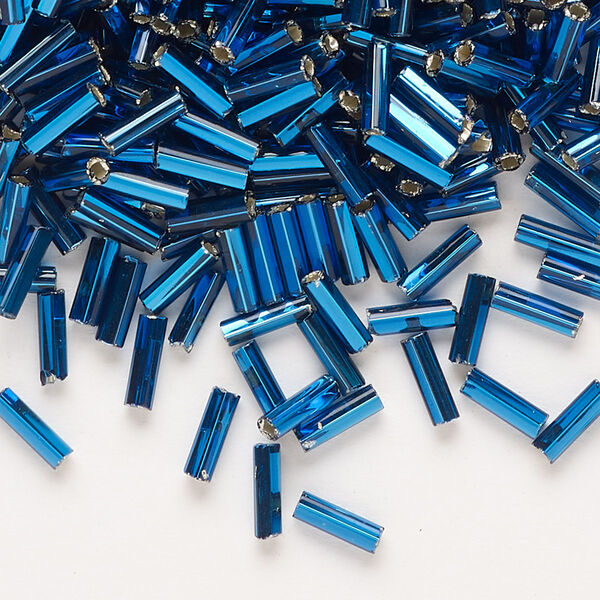 Bead, Preciosa Ornela Czech glass, bugle bead, pkg/50g, 1/4 inch, silver-lined transparent dark aquamarine, (67100). image number 0