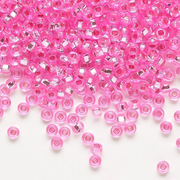 Seed bead, Preciosa Ornela Czech glass, pkg/500g, #8 rocaille, translucent silver-lined dyed color pink, (18275). image number 0