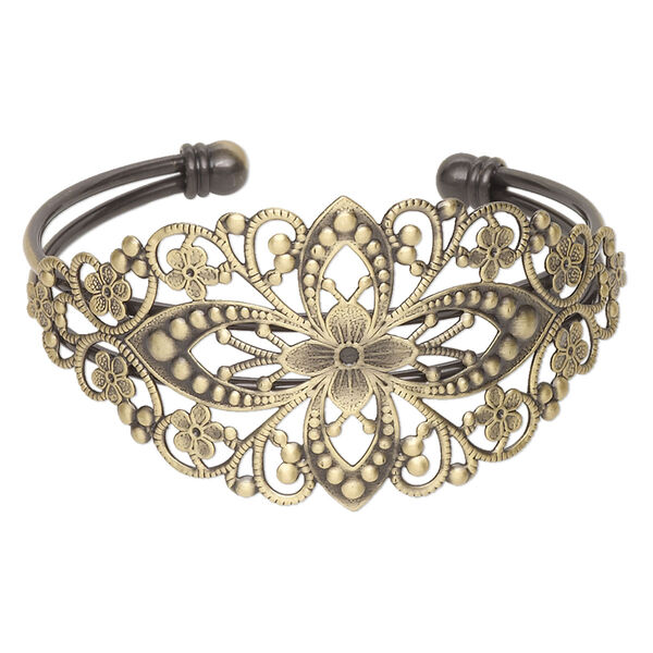 Bracelet, cuff, antique brass-plated brass, 35mm wide with filigree flower design, adjustable from 6-1/2 to 7 inches. Sold individually. image number 0