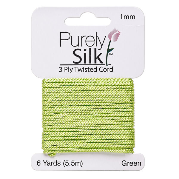 Cord, Purely Silk™, 3-ply, green, 1mm twisted. Sold per 6-yard card. image number 0