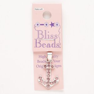 Pendant, "pewter" (zinc-based alloy)/steel/glass, pkg/1, silver finish and pink, 24x18mm anchor.