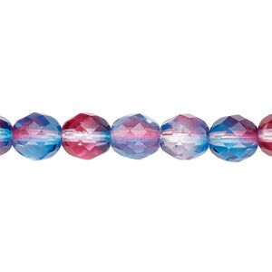 Bead, Czech fire-polished glass, red and blue, 8mm faceted round. Sold per 15-1/2" to 16" strand, approximately 50 beads.