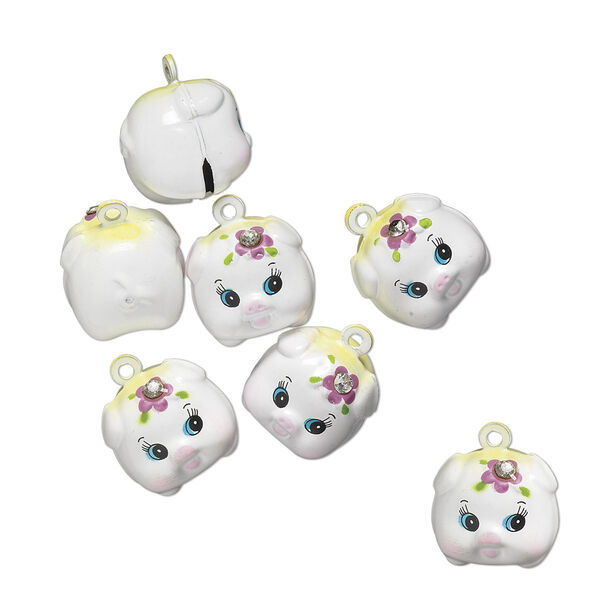 Bell, brass / enamel / glass rhinestone, multicolored, 18x17mm pig with clapper. Sold per pkg of 6. image number 0
