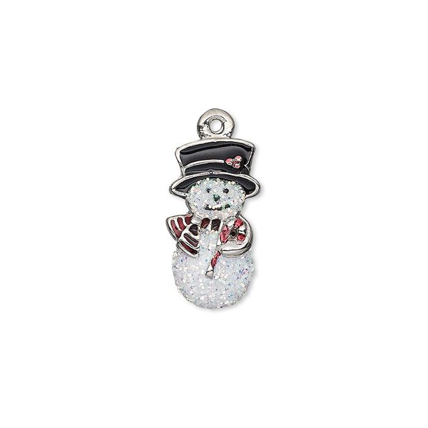 Charm, enamel and imitation rhodium-plated "pewter" (zinc-based alloy), white / black / red with glitter, 18x9mm single-sided snowman. Sold individually. image number 0