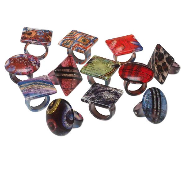 Ring, resin, multicolored, 30-34mm square and round, sizes 6-11. Sold per pkg of 12. image number 0