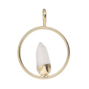 Pendant, Everyday Jewelry, gold-plated brass and quartz crystal (natural), 34x25mm-36x27mm open round. Sold individually.