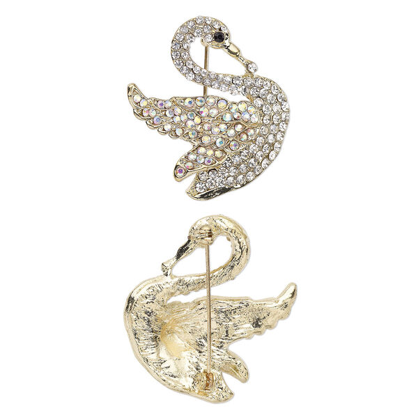 Brooch, glass rhinestone and gold-finished "pewter" (zinc-based alloy), clear AB / clear / black, 41x39mm swan. Sold individually. image number 0