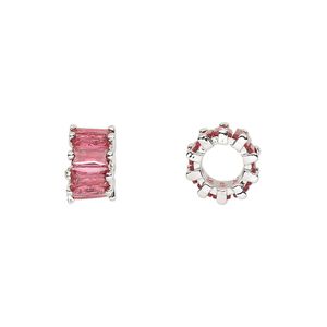 Bead, cubic zirconia and silver-plated brass, fuchsia, 10.5x6mm rondelle. Sold per pkg of 2.
