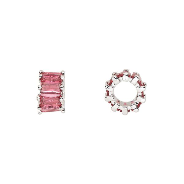 Bead, cubic zirconia and silver-plated brass, fuchsia, 10.5x6mm rondelle. Sold per pkg of 2. image number 0