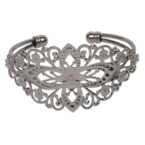 Bracelet, cuff, gunmetal-plated brass, 35mm wide with filigree flower design, adjustable from 6-1/2 to 7 inches. Sold individually. image number 0