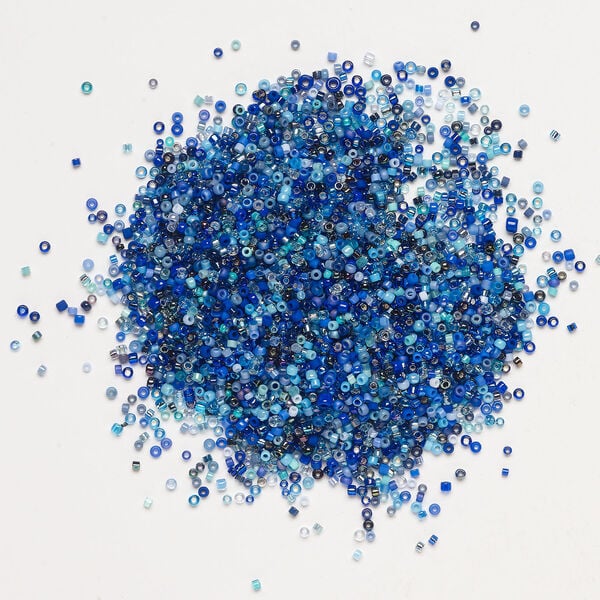 Seed bead mix, glass, 1pkg25g, #15 to #11 round, opaque and translucent multi-blue image number 1