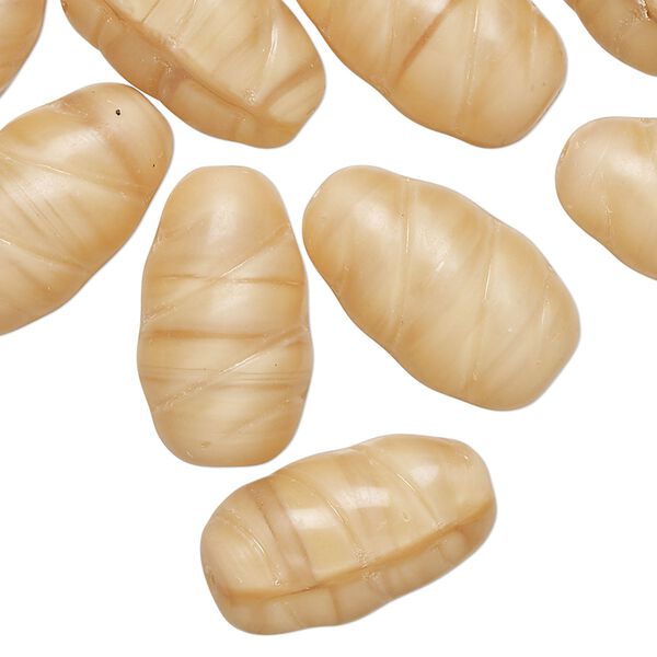 Bead, pressed glass, translucent tan, 20x12mm grooved oval. Sold per 2-ounce pkg, approximately 15 beads. image number 0
