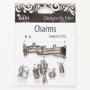 Charm / focal / finding assortment 1pkg6 "pewter" (zinc-based alloy) mixed sizes sewing shapes, antique silver finish