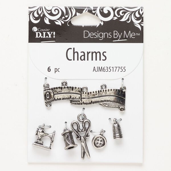 Charm / focal / finding assortment 1pkg6 "pewter" (zinc-based alloy) mixed sizes sewing shapes, antique silver finish image number 0
