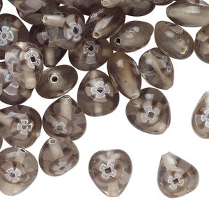 Bead, millefiori glass, translucent grey and light grey, 11x9mm teardrop. Sold per 2-ounce pkg, approximately 80 beads.