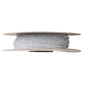 Cord, nylon, metallic silver, 1.5mm round. Sold per 100-foot spool.