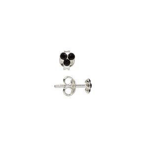 Earring 1pkg2 sterling silver, 4mm triangle earstud / earnuts, glass jet 1 pair