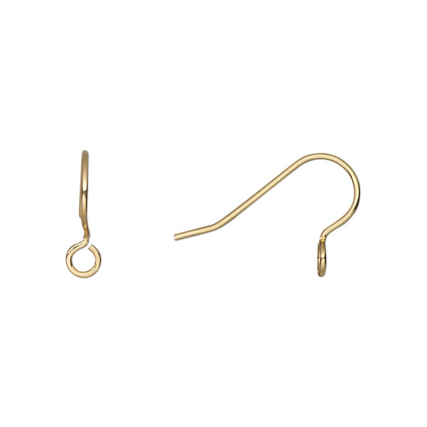 Ear wire, gold-plated brass, 12.5mm fishhook with perpendicular open loop, 21 gauge. Sold per pkg of 500 pairs. image number 0