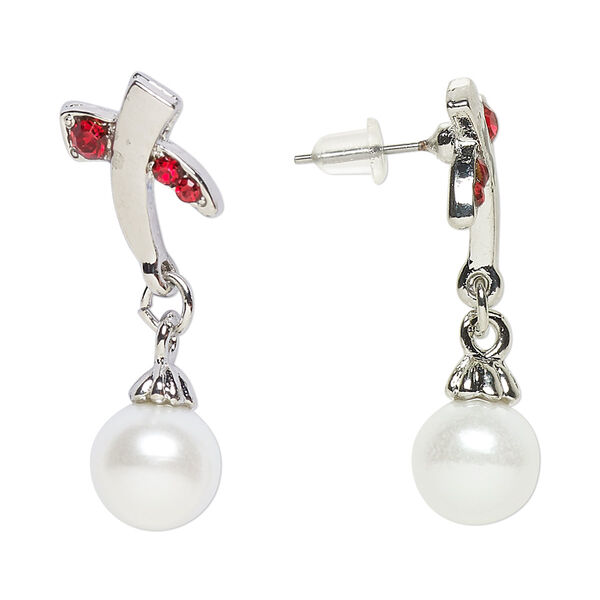 Earring, Everyday Jewelry, antique silver-finished "pewter" (zinc-based alloy) / glass / acrylic pearl, red and white, 34mm with post. Sold per pair. image number 0