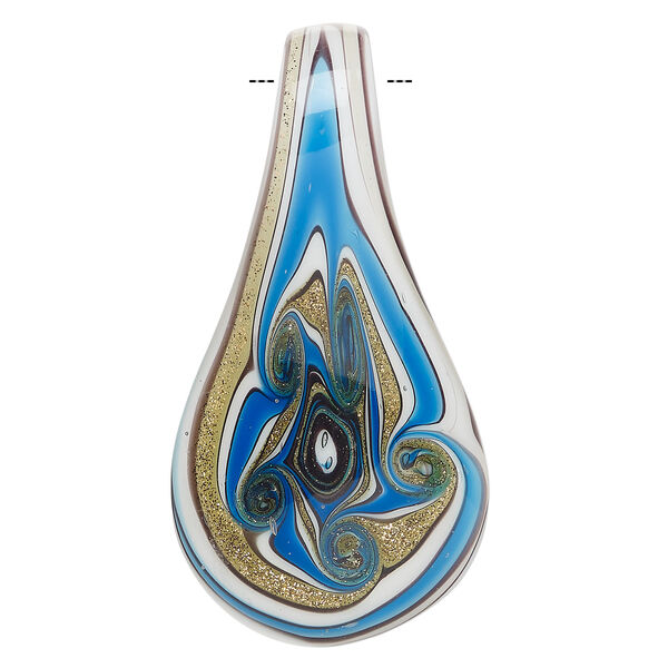 Focal, lampworked glass 1pkg1, opaque multicolored with copper-colored glitter, 64x33mm single-sided spoon with flower design. image number 1