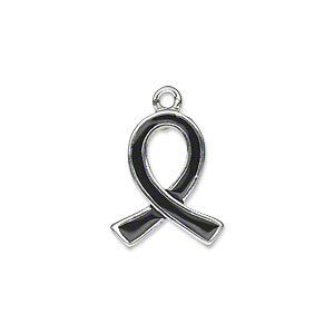 Charm, silver-plated "pewter" (zinc-based alloy) and enamel, black, 18x15mm single-sided awareness ribbon. Sold individually.