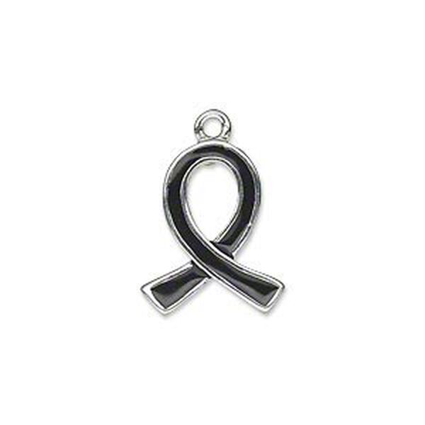 Charm, silver-plated "pewter" (zinc-based alloy) and enamel, black, 18x15mm single-sided awareness ribbon. Sold individually. image number 0