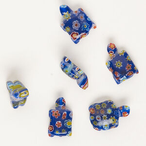 Bead, millefiori glass, translucent cobalt blue and multicolored, 20x12mm-23x14mm half-drilled turtle. Sold per pkg of 6.