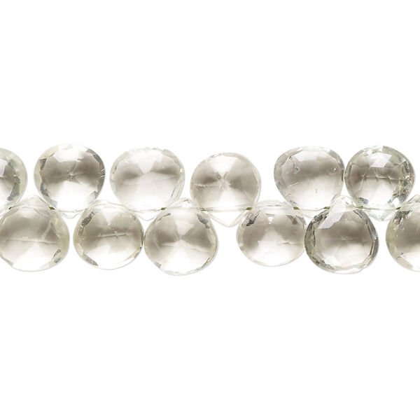 Bead, green quartz (heated), 7-8mm hand-cut top-drilled micro-faceted puffed teardrop with 0.4-1.4mm hole, B+ grade, Mohs hardness 7. Sold per 7-inch strand. image number 0