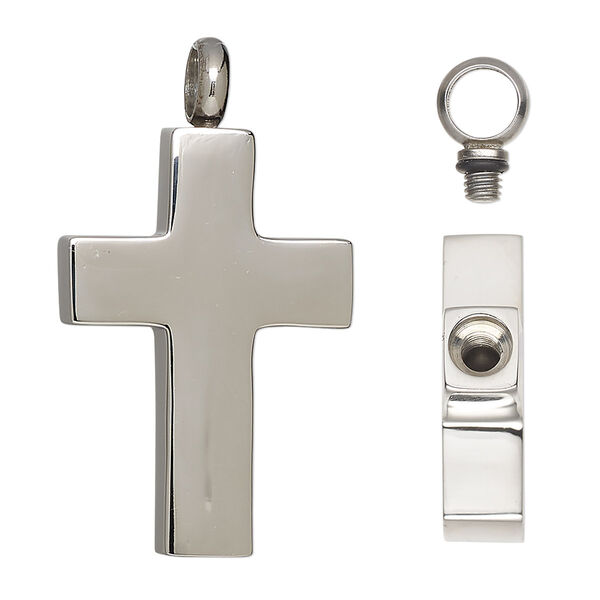 Pendant, stainless steel and silicone, black, 38x21mm cross with watertight chamber. Sold individually. image number 0