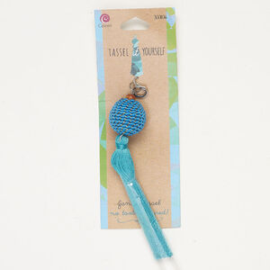 Tassel 1pkg1, silver-finished brass and steel / wood / nylon / satin, blue / teal / brown, 4 inches with hinged bail.