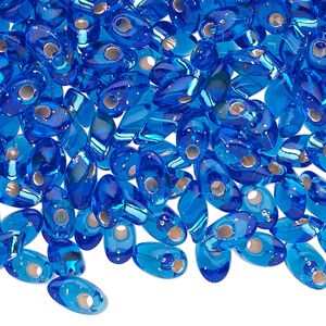 Seed bead, Miyuki, glass, pkg/250g, 7x4mm long magatama, transparent silver-lined cobalt blue (LMA-19).